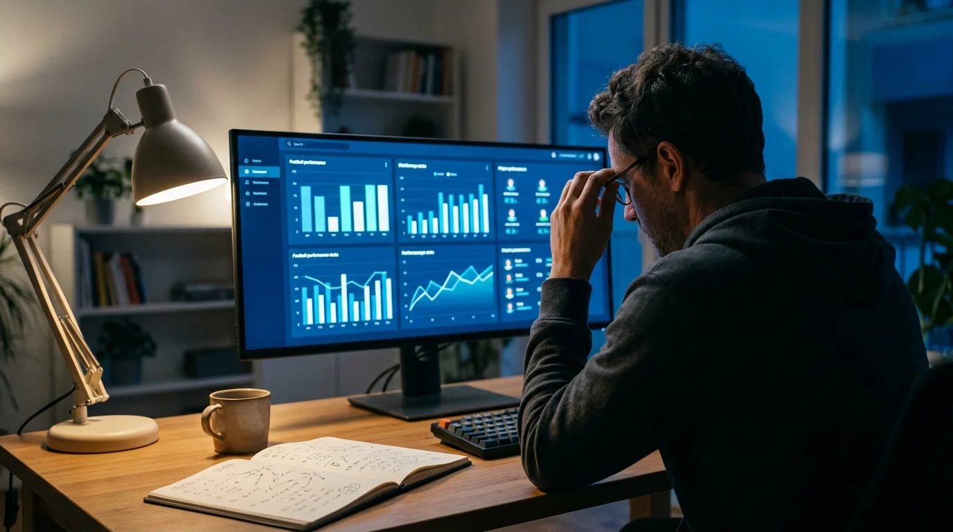 Analista deportivo revisando estadísticas de rendimiento de equipos de fútbol en un monitor con gráficos de xG