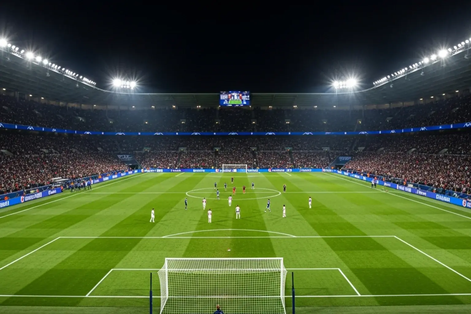Estadio de fútbol iluminado durante un partido nocturno de Champions League
