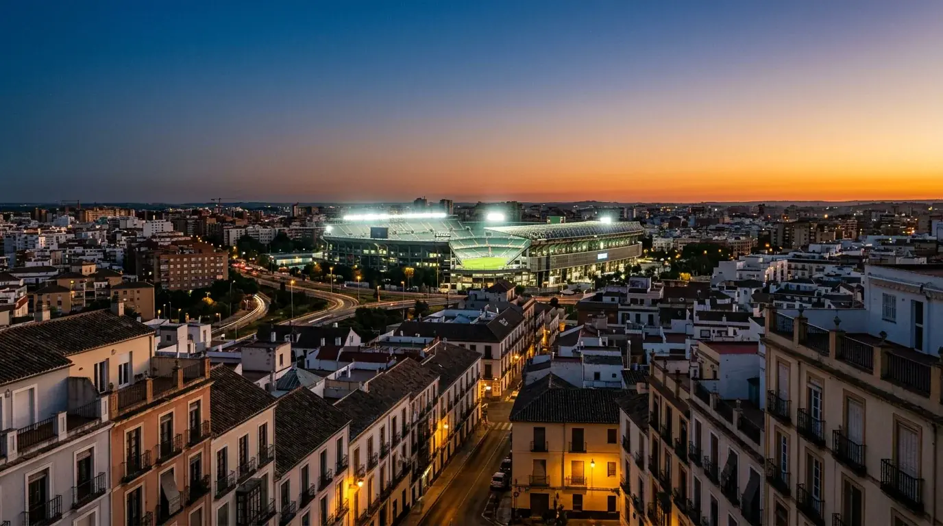 Panorámica nocturna de una ciudad española con estadio de fútbol iluminado al fondo