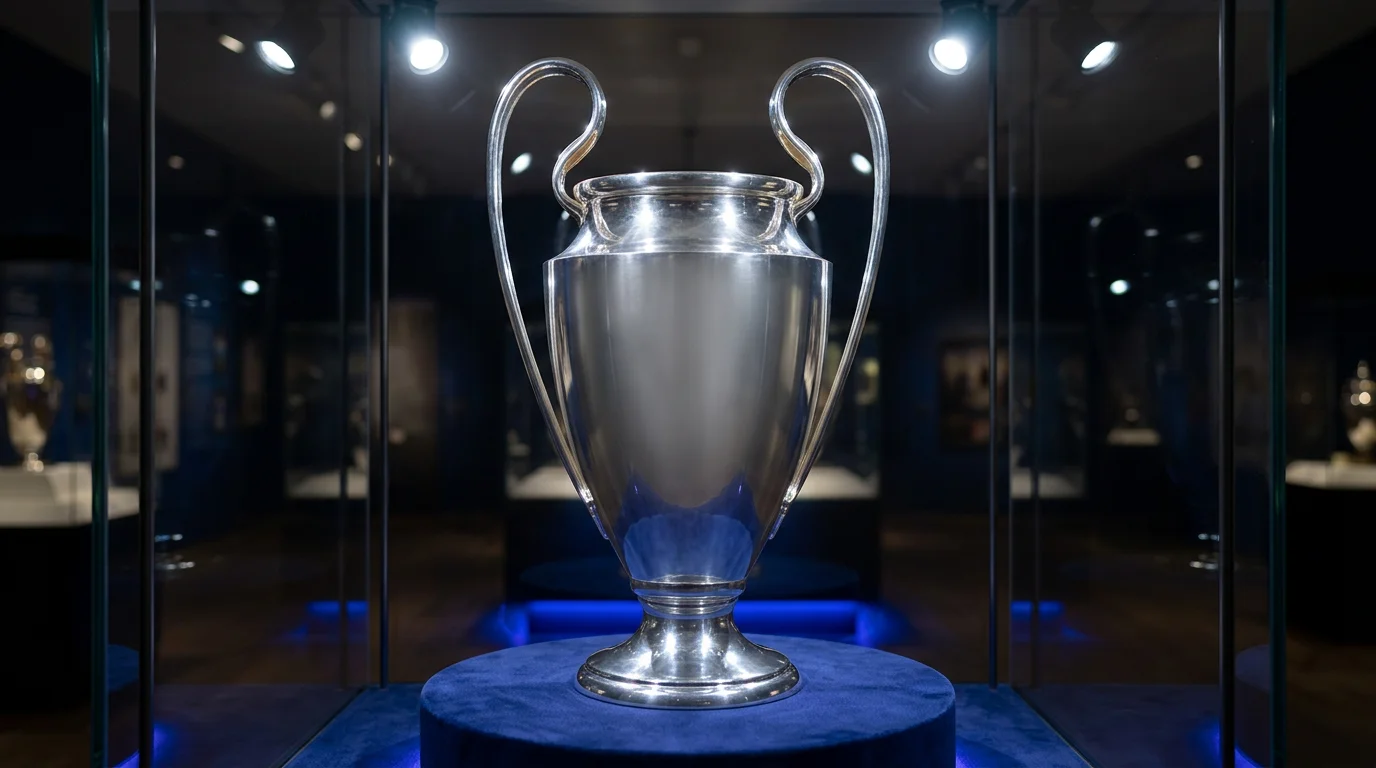 Trofeo de la Champions League expuesto sobre un pedestal con iluminación profesional en un evento UEFA